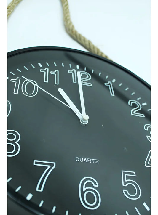 Black Quartz Round Wall Clock with Sisal Rope