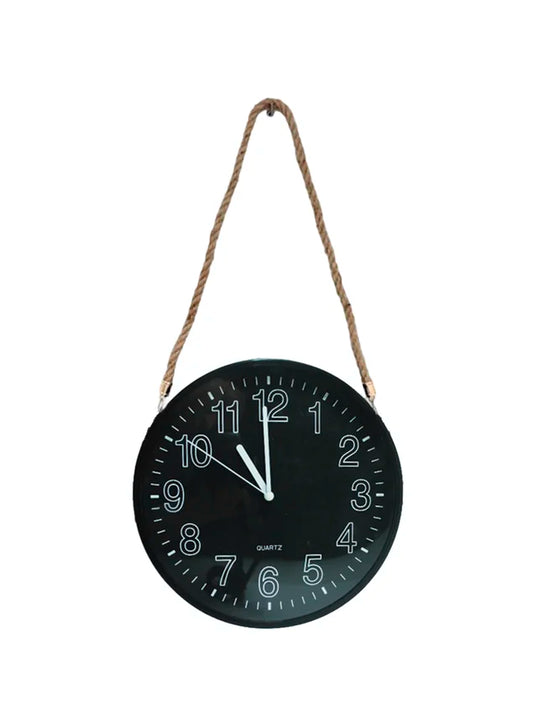 Black Quartz Round Wall Clock with Sisal Rope